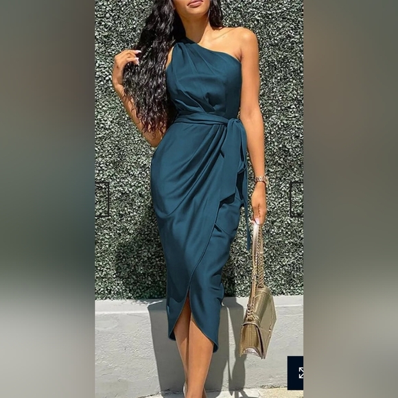 NWT One Shoulder Ruched Midi Dress Belted Party Dress Size Large Dark Blue Color - Picture 10 of 10